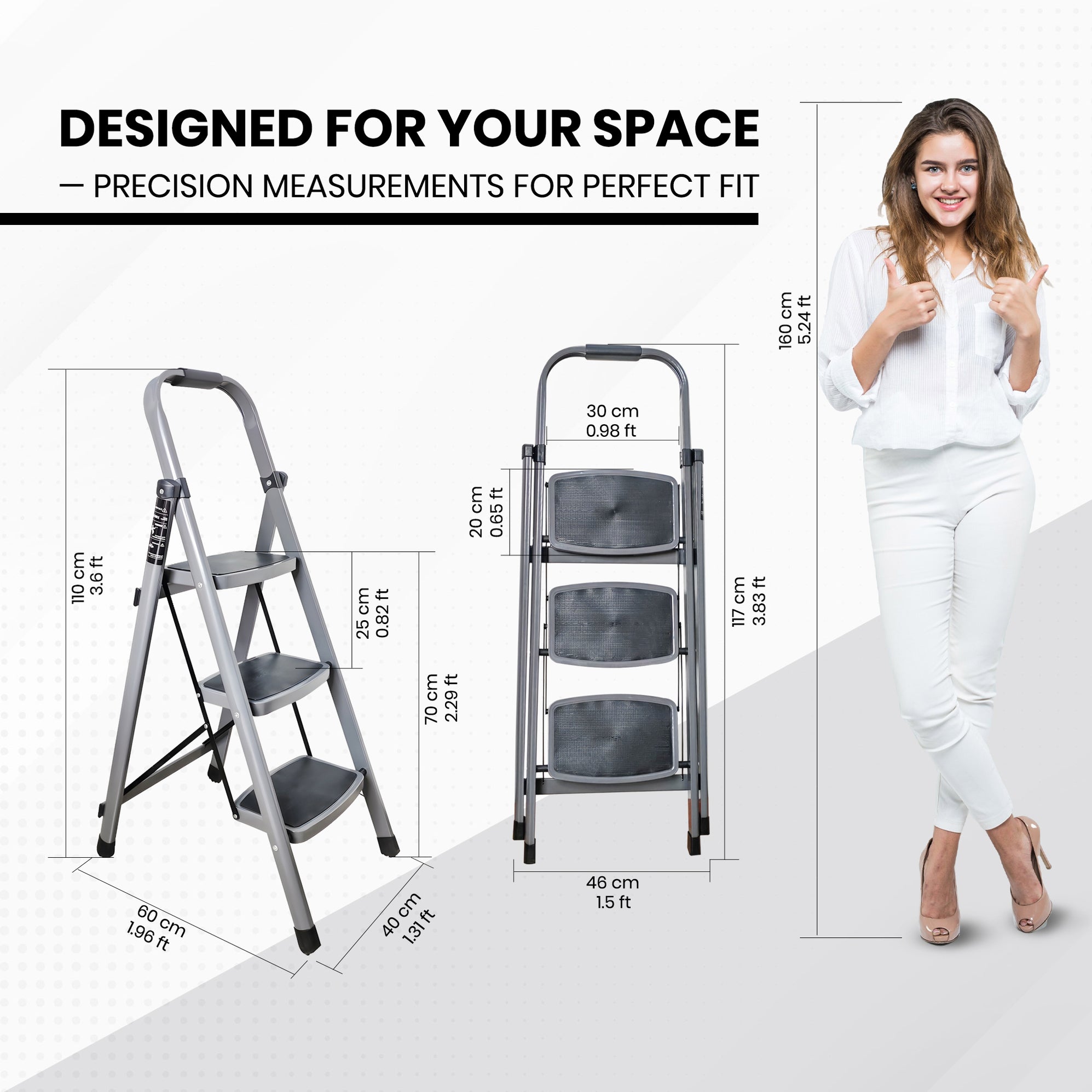iBELL T003E 3 Step Ladder for Home - Foldable Steel Ladder with 150 kg ...