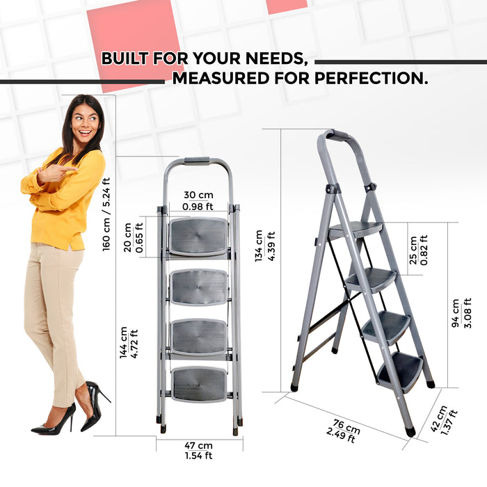 iBELL IBL T004E 4 Step Ladder for Home - Foldable Steel Ladder with 150 kg Load Capacity, Wide Anti-Skid Steps, Space-Saving Design, Grey Finish, Max Height 135 cm (4.43 ft)