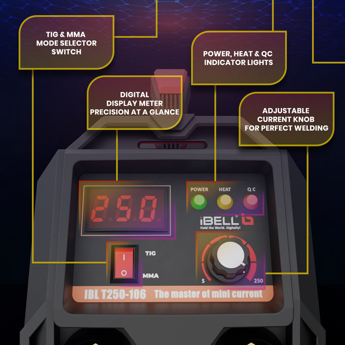 iBELL TIG/MMA Welding Machine (T250-106), 250A, 220V, Inverter IGBT, Anti Stick, with 10nos Tungsten Rods & All Accessories Included - 1 Year Warranty