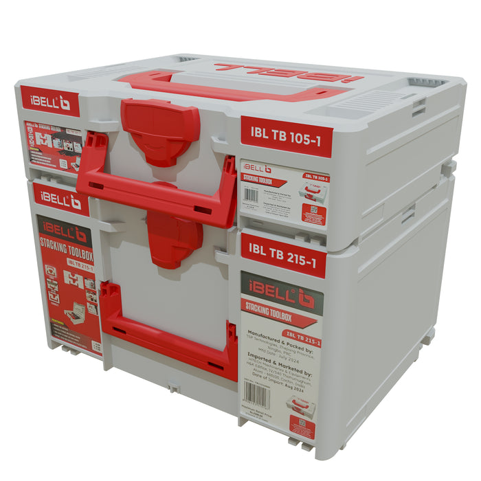 iBELL Dual Size Stackable Tool Storage Boxes - TB215-1 (Large) & TB105-1 (Medium) - Durable PC+ABS