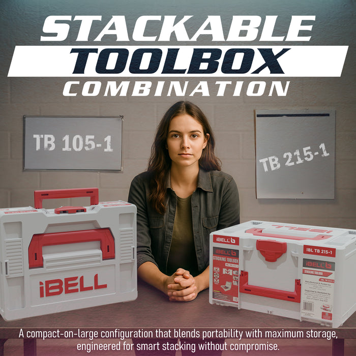 iBELL Dual Size Stackable Tool Storage Boxes - TB215-1 (Large) & TB105-1 (Medium) - Durable PC+ABS