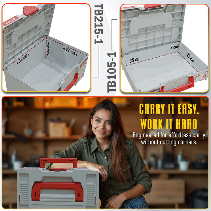 iBELL Dual Size Stackable Tool Storage Boxes - TB215-1 (Large) & TB105-1 (Medium) - Durable PC+ABS
