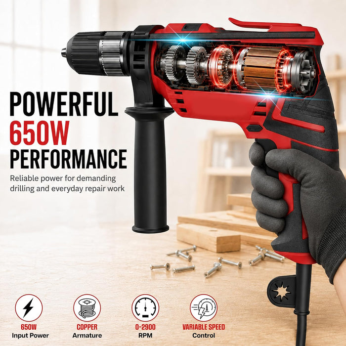 IBELL Professional Tool Kit with Impact Drill TD13-100 | 650W | Copper Armature | 13mm Keyless Auto Chuck | 2800 RPM | 115-Piece Home Essential Tools & Accessories | 24 Months Warranty