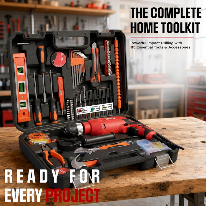 IBELL Professional Tool Kit with Impact Drill TD13-100 | 650W | Copper Armature | 13mm Keyless Auto Chuck | 2800 RPM | 115-Piece Home Essential Tools & Accessories | 24 Months Warranty