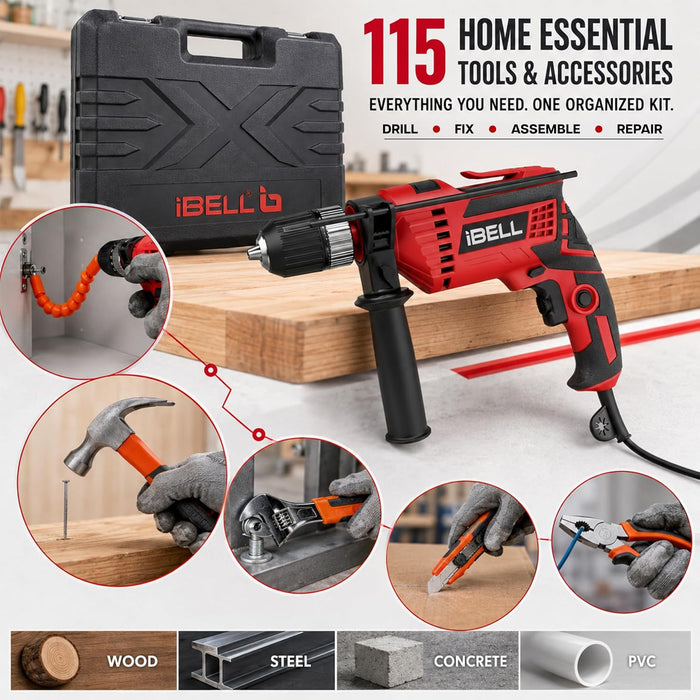 IBELL Professional Tool Kit with Impact Drill TD13-100 | 650W | Copper Armature | 13mm Keyless Auto Chuck | 2800 RPM | 115-Piece Home Essential Tools & Accessories | 24 Months Warranty