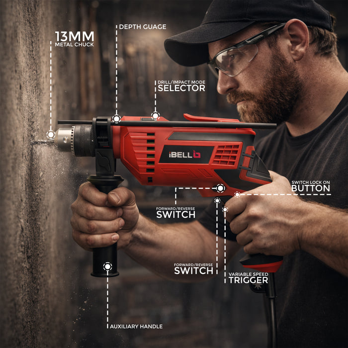 IBELL Impact Drill ID13-75, 650W, Copper Armature, Chuck 13mm, 2800 RPM, 2 mode selector, Forward/Reverse with variable speed
