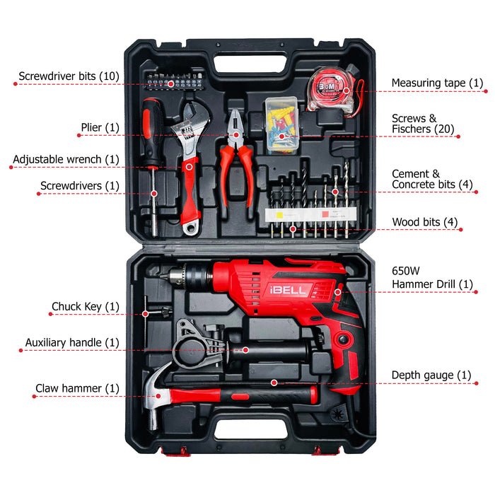 IBELL Professional Tool Kit with Impact Drill TD13-85, 650W, Copper Armature, Chuck 13mm, 59 Home Essential Tools/Accessories