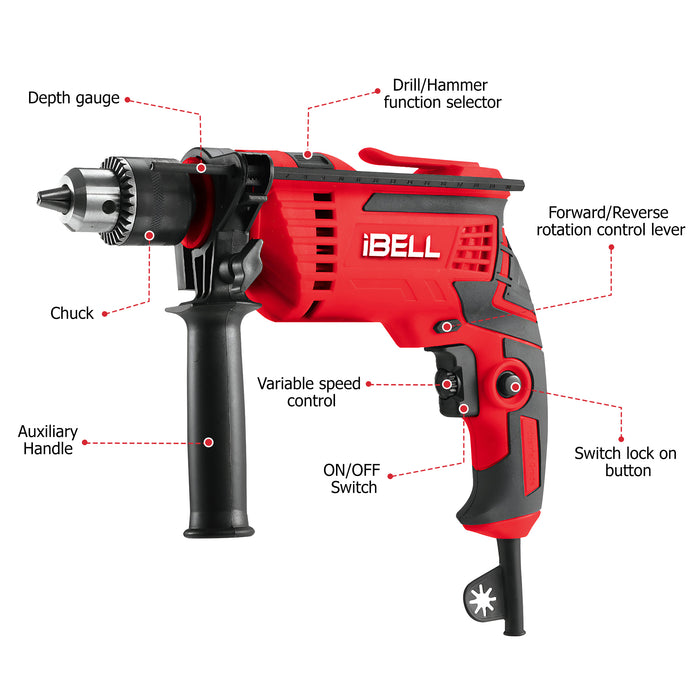 IBELL Professional Tool Kit with Impact Drill TD13-85, 650W, Copper Armature, Chuck 13mm, 59 Home Essential Tools/Accessories