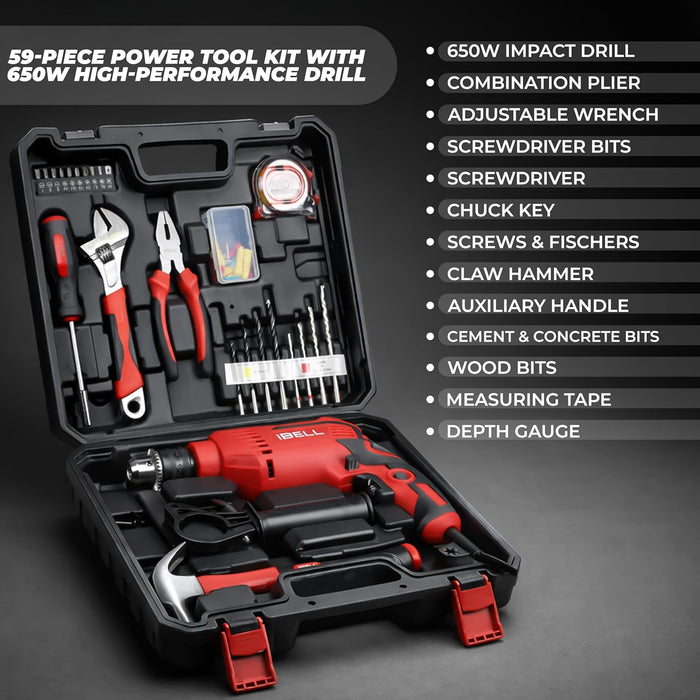 IBELL Professional Tool Kit with Impact Drill TD13-85, 650W, Copper Armature, Chuck 13mm, 59 Home Essential Tools/Accessories , 2 year warranty
