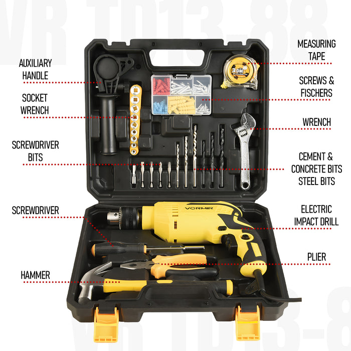 VORMIR VR TD13-88 Impact Drill 650W with 88-Piece Accessory Set | 13mm Chuck | 0-2800 RPM | Electric Power Drill for Wood, Concrete & Steel | 25mm Wood, 12mm Concrete, 13mm Steel,24 Months Warranty
