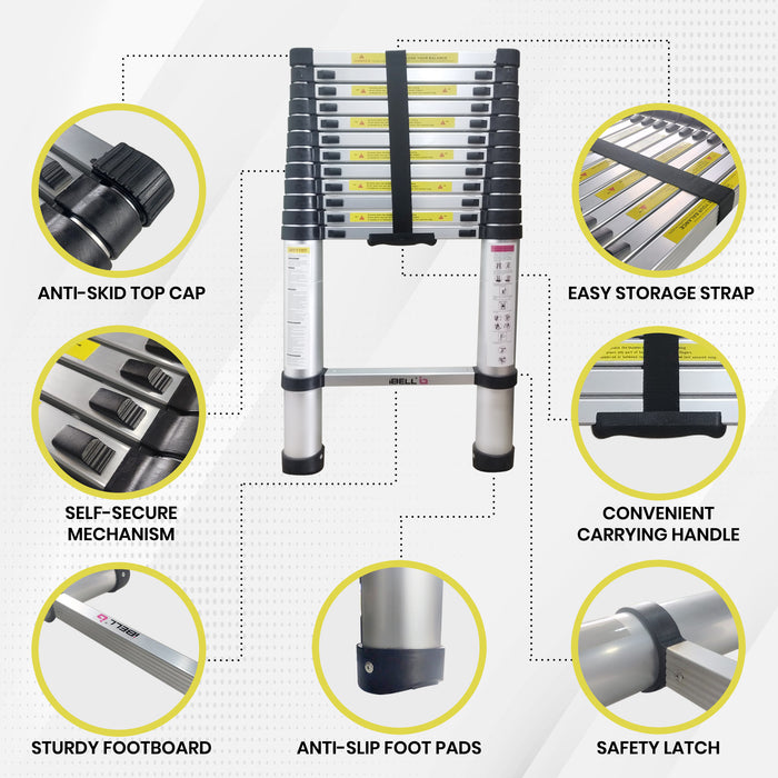 iBELL TE012 3.81m (12.5 Feet) Portable & Compact Aluminium Telescopic Ladder | 13-Steps Foldable Multipurpose Step Ladder for Home & Outdoor Use