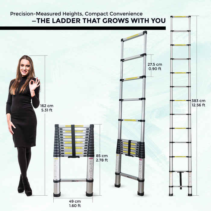 iBELL TE012 3.81m (12.5 Feet) Portable & Compact Aluminium Telescopic Ladder | 13-Steps Foldable Multipurpose Step Ladder for Home & Outdoor Use