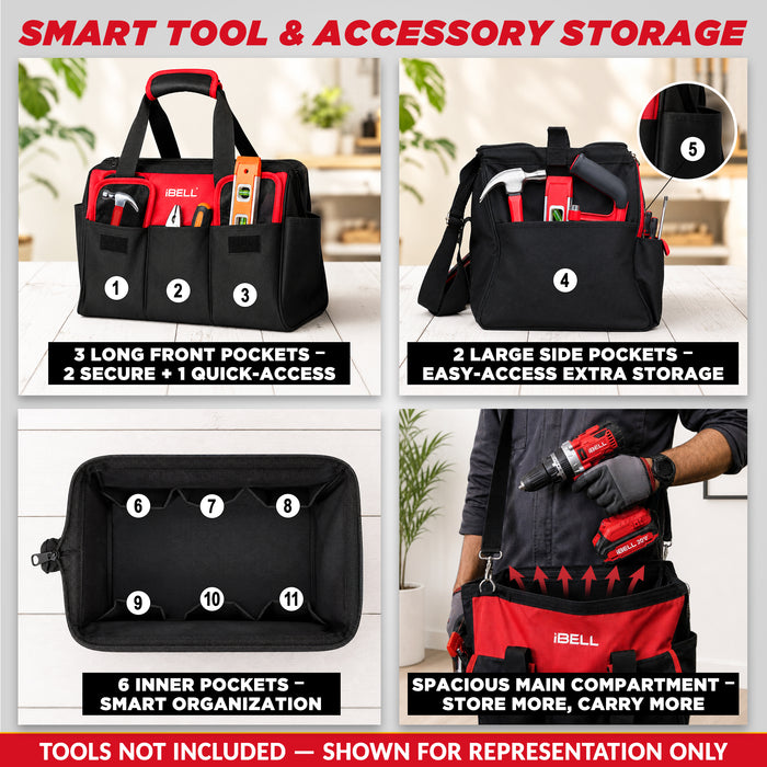iBell 14'' Multipurpose Tools Storage Open Mouth Bag for Easy & Convenient Storage, RED & BLACK