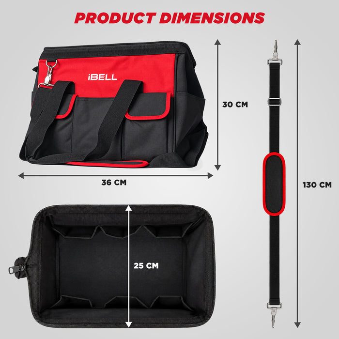 iBell 14'' Multipurpose Tools Storage Open Mouth Bag for Easy & Convenient Storage, RED & BLACK