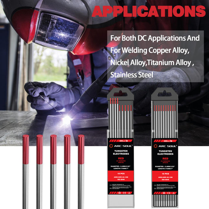 iBELL ARC SOUL High Stability Red Tungsten Welding Rods 2.4mm Dia & 175mm Length for Various Alloy Types and Versatile Welding Needs with DC Compatibility