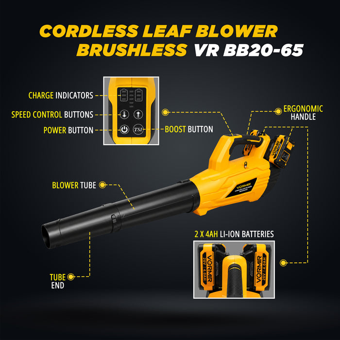 IBELL VORMIR VR BB20-65 Cordless Brushless Blower 20V Double Battery | 900W | 22000RPM | 55m/s Wind Speed | 700m³/h (412 CFM) Air Flow | Battery Leaf Blower for Garden & Cleaning