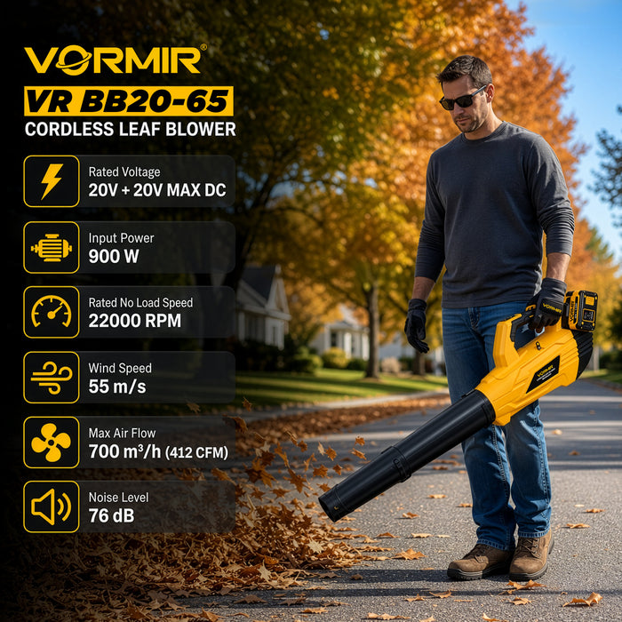 IBELL VORMIR VR BB20-65 Cordless Brushless Blower 20V Double Battery | 900W | 22000RPM | 55m/s Wind Speed | 700m³/h (412 CFM) Air Flow | Battery Leaf Blower for Garden & Cleaning