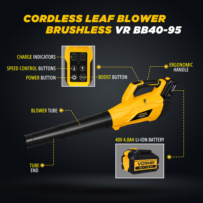 IBELL VORMIR VR BB40-95 Cordless Brushless Blower 40V MAX DC | 900W | 22000RPM | 55m/s Wind Speed | 700m³/h (412 CFM) Air Flow | Battery Leaf Blower for Garden & Cleaning