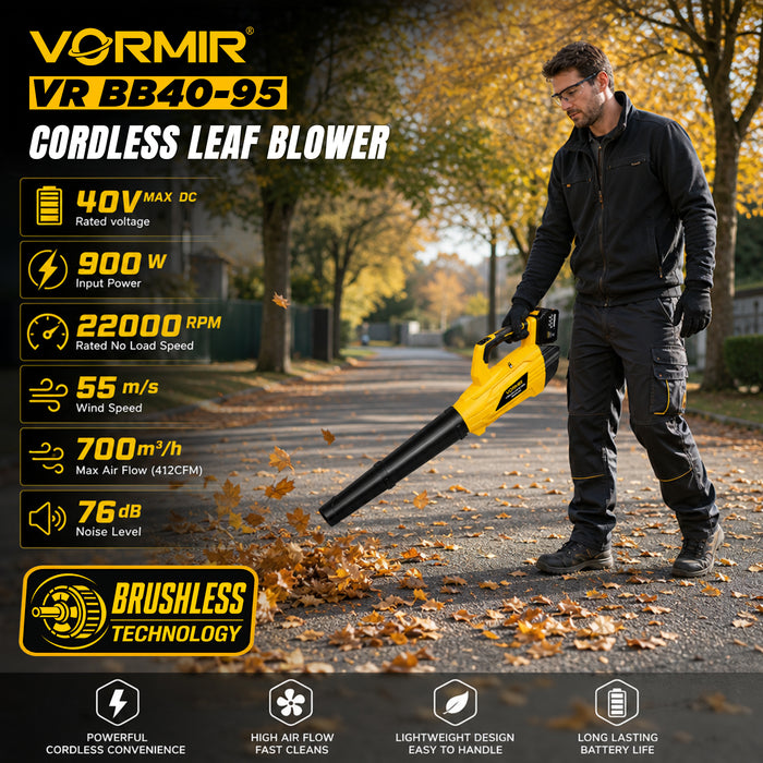 IBELL VORMIR VR BB40-95 Cordless Brushless Blower 40V MAX DC | 900W | 22000RPM | 55m/s Wind Speed | 700m³/h (412 CFM) Air Flow | Battery Leaf Blower for Garden & Cleaning