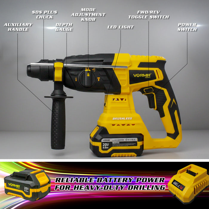 Vormir VR BH21-44 Cordless Rotary Hammer Drill, 20V Max Brushless, 3J Impact Energy, 0–1000 RPM, 0–4450 BPM, SDS Plus, with 2× 4.0Ah Li-ion Batteries