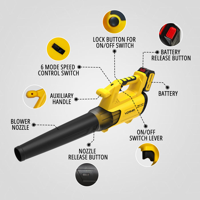 iBell Vormir VR BL21-98 20V MAX High-Performance Brushless Cordless Leaf Blower, 6-Speed Settings, Li-Ion 4000mAh, 144 km/h Air Speed, 510m³/h Air Volume, Lightweight Design