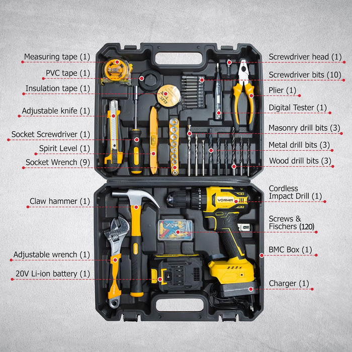 iBELL VR BT21-38 Cordless Brushless Impact Drill Tool Box | 20V Max | 2-Speed Gear | 38Nm Torque | 10mm Chuck | Li-ion Battery | Suitable for Wood, Steel & Concrete | DIY & Professional Use