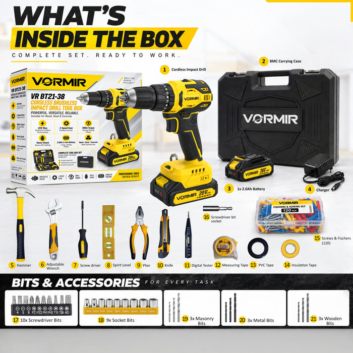 iBELL VR BT21-38 Cordless Brushless Impact Drill Tool Box | 20V Max | 2-Speed Gear | 38Nm Torque | 10mm Chuck | Li-ion Battery | Suitable for Wood, Steel & Concrete | DIY & Professional Use