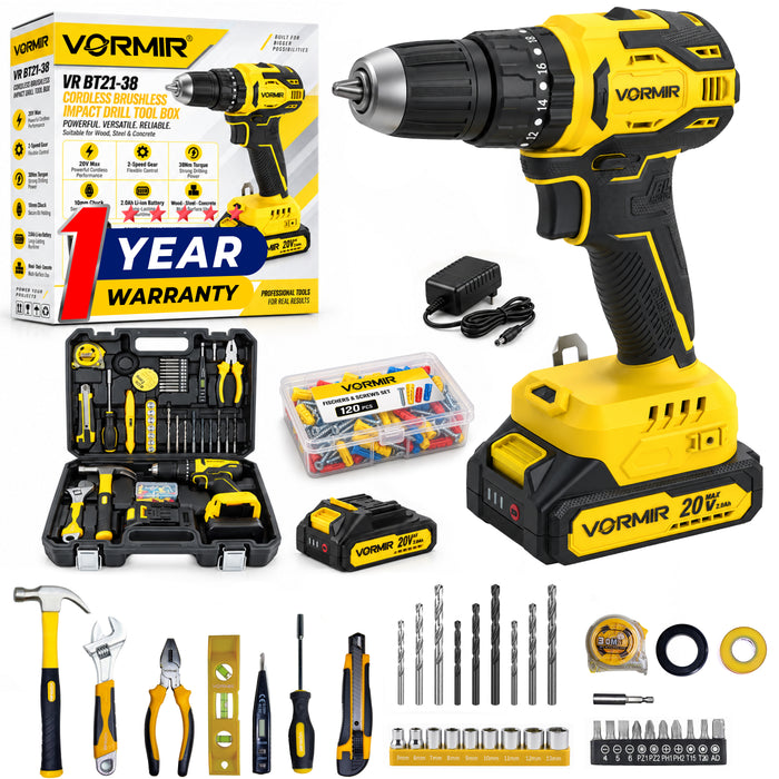 iBELL VR BT21-38 Cordless Brushless Impact Drill Tool Box | 20V Max | 2-Speed Gear | 38Nm Torque | 10mm Chuck | Li-ion Battery | Suitable for Wood, Steel & Concrete | DIY & Professional Use