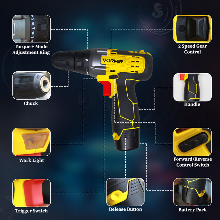 iBELL VORMIR VR CD12-46 Cordless Drill Driver, 12V, 0-400/0-1450 rpm, 25Nm Torque, 10 mm Chuck, 2 x 1500mAh Li-Ion Batteries, Fast Charger, 1 Hour Charging, Compact Design
