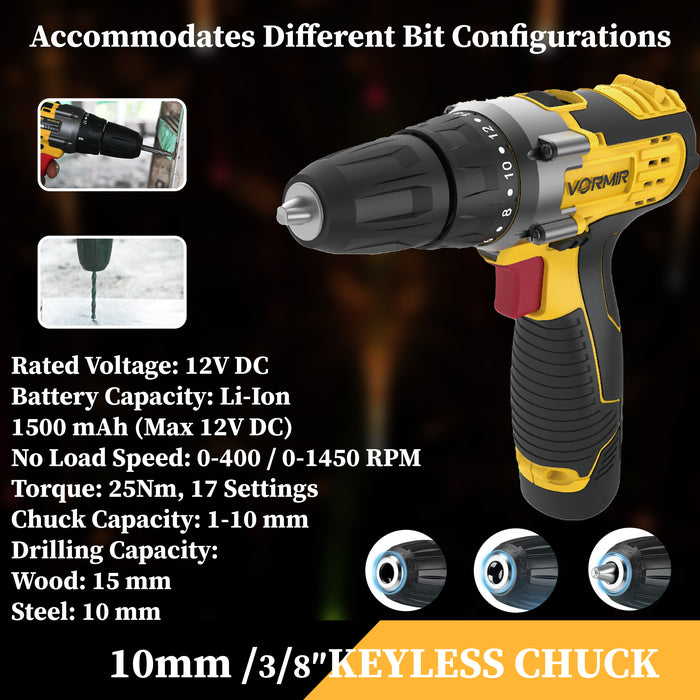 iBELL VORMIR VR CD12-46 Cordless Drill Driver, 12V, 0-400/0-1450 rpm, 25Nm Torque, 10 mm Chuck, 2 x 1500mAh Li-Ion Batteries, Fast Charger, 1 Hour Charging, Compact Design