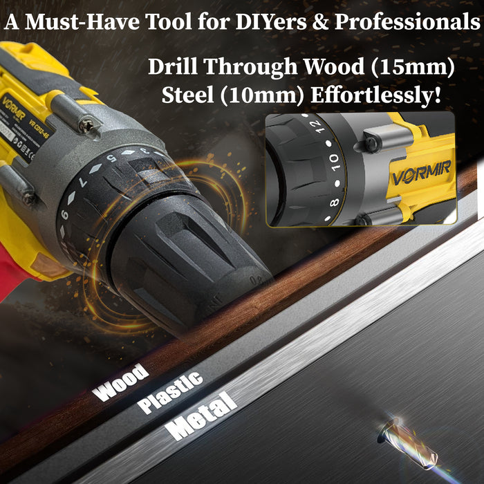 iBELL VORMIR VR CD12-46 Cordless Drill Driver, 12V, 0-400/0-1450 rpm, 25Nm Torque, 10 mm Chuck, 2 x 1500mAh Li-Ion Batteries, Fast Charger, 1 Hour Charging, Compact Design