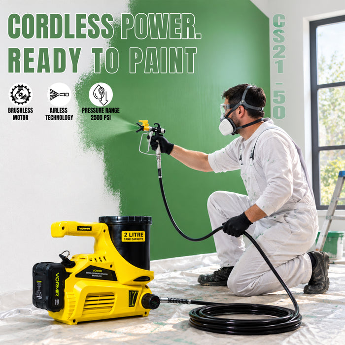 VORMIR VR CS21-50 Cordless Paint Sprayer 20V Lithium-Ion Battery | 500W Brushless Motor | 1000–2500 PSI | 1.1L/Min Flow Rate | Portable Electric Spray Gun for Wall, Wood & Furniture Painting, 12 Months Warranty