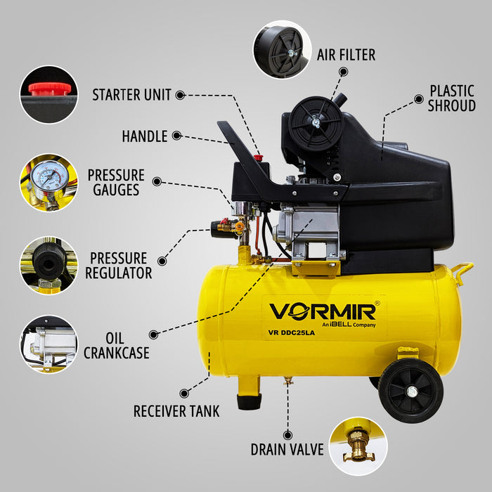 IBELL VORMIR VR DDC25LA 2.0HP Air compressor with 25L tank capacity and discharge of 115PSI