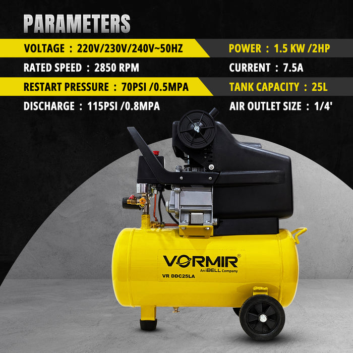 IBELL VORMIR VR DDC25LA  2.0HP Air compressor with 25L tank capacity and discharge of 115PSI