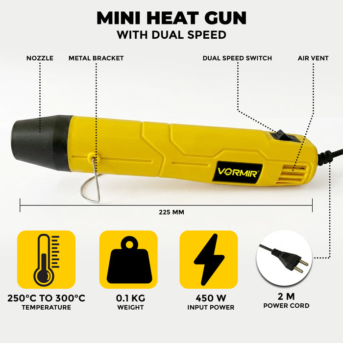 IBELL VORMIR VR HG20-45 Mini Heat Gun 450W | 250–300°C Compact Hot Air Tool for DIY, Craft, Shrink Tubing & Repair Work | Class II Protection | 220-240V Heat Gun-6 months warranty