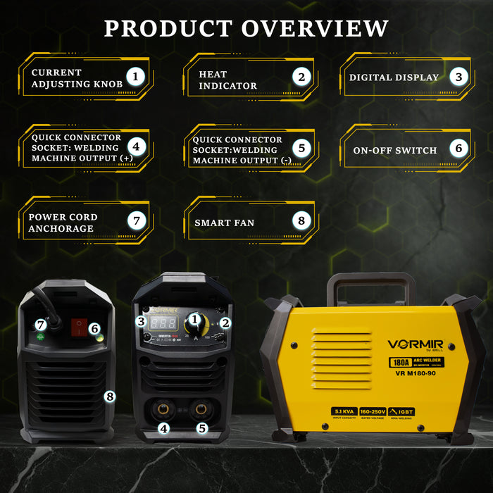 iBELL VORMIR VR M180-90 Inverter Welding Machine | 120A Portable MMA/ARC Stick Welder | IGBT Technology, Hot Start, Anti-Stick, Arc Force | 220V  Compact Welding Equipment for Home, Industrial & Generator Use|1-Year Warranty