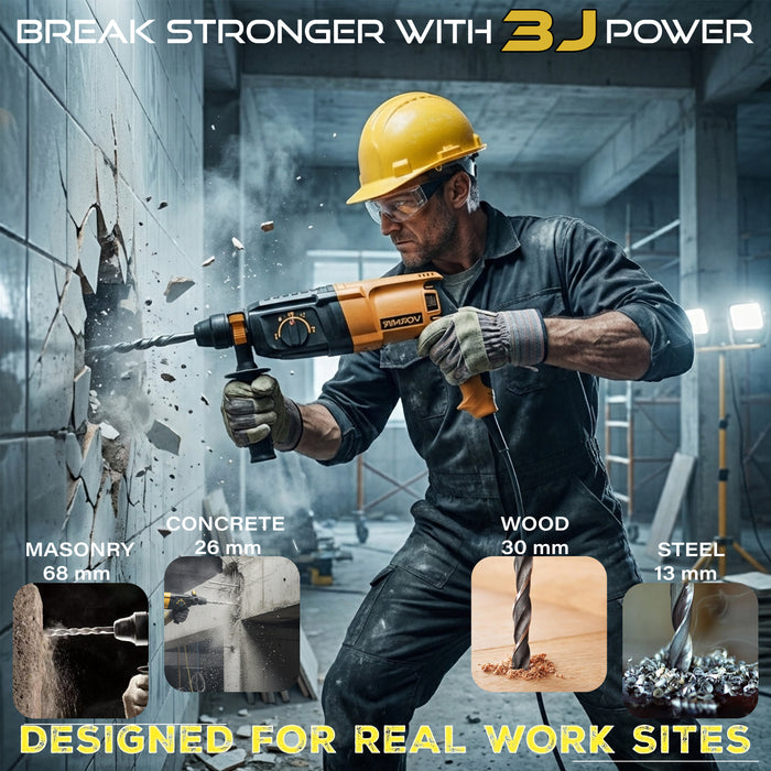 IBELL VORMIR Rotary Hammer Drill Machine VR RH 26-24, SDS Chuck, 800W, Copper Armature, 900RPM, Speed 4000/min, 26 mm, Impact Energy 3J