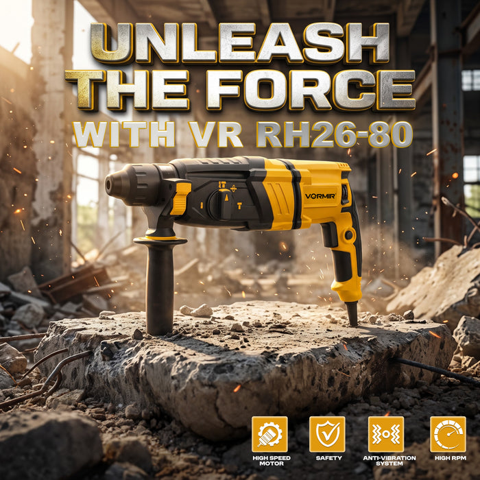 VORMIR VR RH26-80 Rotary Hammer Drill 800W Concrete Drilling Machine | SDS Plus 26mm | 0–1250 RPM 4900 BPM | 3J Impact Energy | Heavy Duty Hammer Drill | Drilling, Hammer Drilling & Chiselling Tool