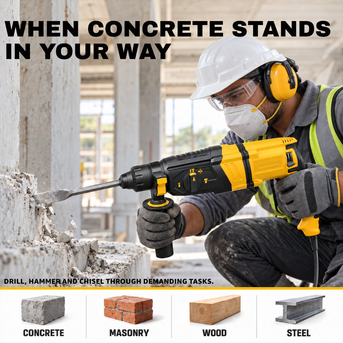 VORMIR VR RH26-80 Rotary Hammer Drill 800W Concrete Drilling Machine | SDS Plus 26mm | 0–1250 RPM 4900 BPM | 3J Impact Energy | Heavy Duty Hammer Drill | Drilling, Hammer Drilling & Chiselling Tool