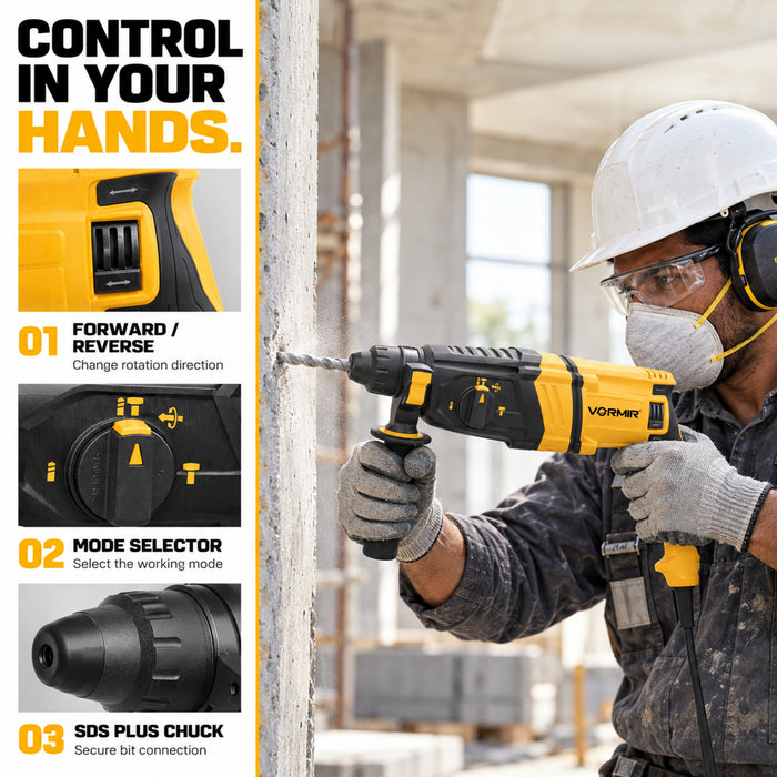 VORMIR VR RH26-80 Rotary Hammer Drill 800W Concrete Drilling Machine | SDS Plus 26mm | 0–1250 RPM 4900 BPM | 3J Impact Energy | Heavy Duty Hammer Drill | Drilling, Hammer Drilling & Chiselling Tool