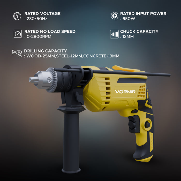 iBELL VORMIR VR TD13-139 Impact Drill Machine Kit – 13mm Chuck, 680W Electric Drill with Copper Armature, 2800 RPM, Forward/Reverse, Hammer & Rotary Function, DIY Home Repair Tool Set with Accessories,6 Months Warrenty