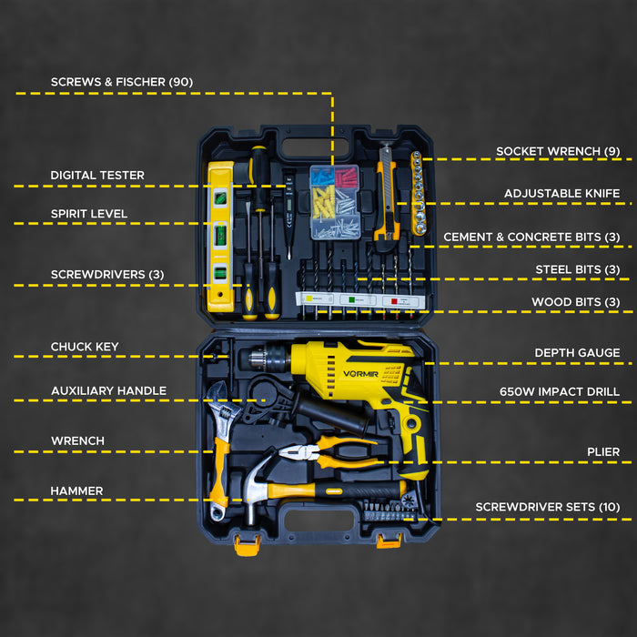 iBELL VORMIR VR TD13-139 Impact Drill Machine Kit – 13mm Chuck, 680W Electric Drill with Copper Armature, 2800 RPM, Forward/Reverse, Hammer & Rotary Function, DIY Home Repair Tool Set with Accessories,6 Months Warrenty