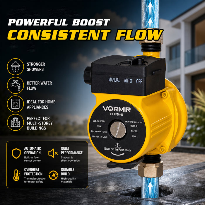 IBELL VORMIR VR WP30-10 Water Pressure Booster Pump 120W | 30L/Min Flow Rate | 10M Max Head | 10 Bar (145 PSI) Pressure | IP44 Water Pump for Home, Bathroom & Water Supply