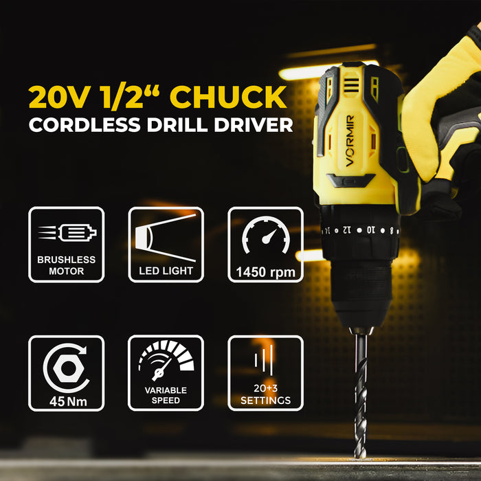 iBELL VORMIR VR BD21-45 Cordless Impact Drill | 20V Max Brushless Motor Drill Machine |Dual Speed 0-450 / 0-1450 RPM | 45Nm Torque | 13mm Keyless Chuck | Multi-Purpose Drill – Works on Wood, Steel & Concrete | with 2.0Ah Battery, Charger & BMC Box
