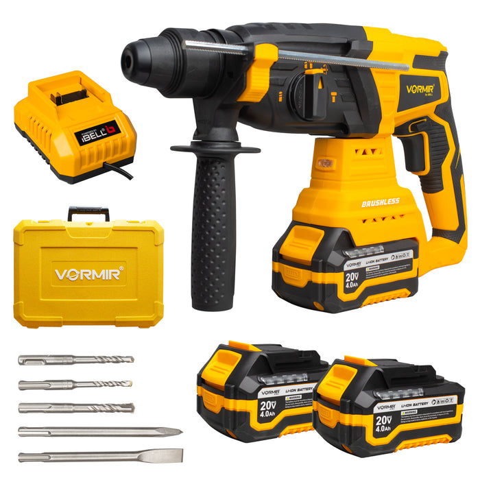 Vormir VR BH21-44 Cordless Rotary Hammer Drill, 20V Max Brushless, 3J Impact Energy, 0–1000 RPM, 0–4450 BPM, SDS Plus, with 2× 4.0Ah Li-ion Batteries