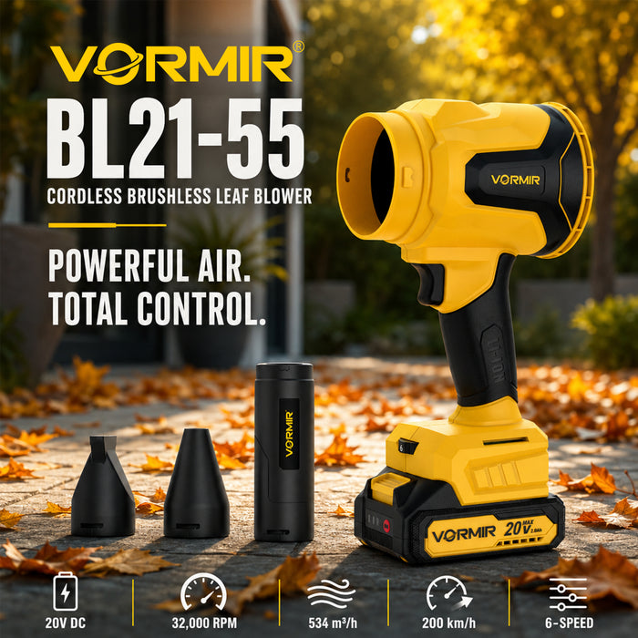 VORMIR VR BL21-55 Cordless Leaf Blower Brushless, 20V MAX, 32000 RPM, 200 km/h Max Air Speed, 534 m³/h Air Volume, 6-Speed Variable Adjustment, Class II, Powerful Garden & Yard Blower, 12 Months Warranty
