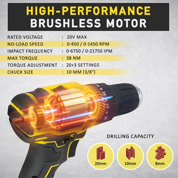 iBELL VR BT21-38 Cordless Brushless Impact Drill Tool Box | 20V Max | 2-Speed Gear | 38Nm Torque | 10mm Chuck | Li-ion Battery | Suitable for Wood, Steel & Concrete | DIY & Professional Use