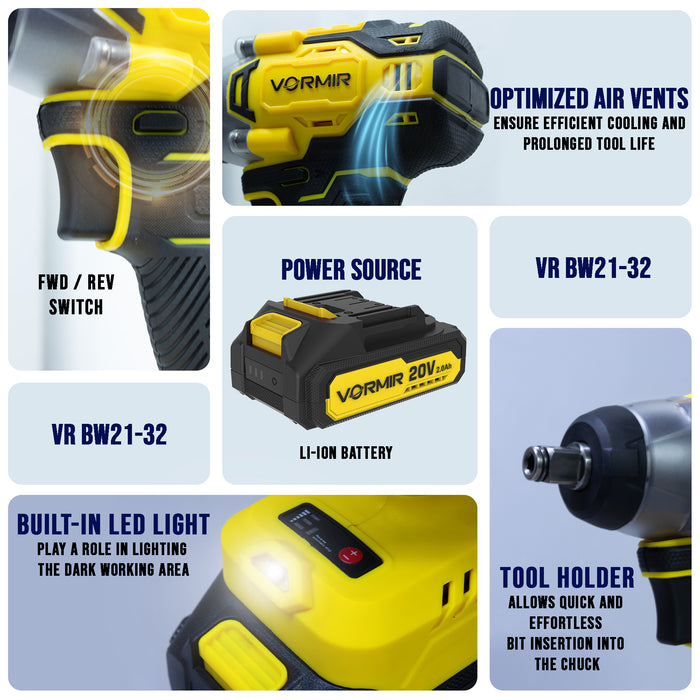 VORMIR VR BW21-32 Brushless Cordless Impact Wrench Kit, 20V MAX, ½", 320Nm Torque, 1800–3000 RPM, 2250–3700 IPM, 2.0Ah Battery, Charger, LED Light & BMC Box