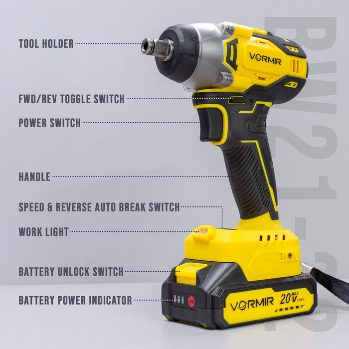 VORMIR VR BW21-32 Brushless Cordless Impact Wrench Kit, 20V MAX, ½", 320Nm Torque, 1800–3000 RPM, 2250–3700 IPM, 2.0Ah Battery, Charger, LED Light & BMC Box