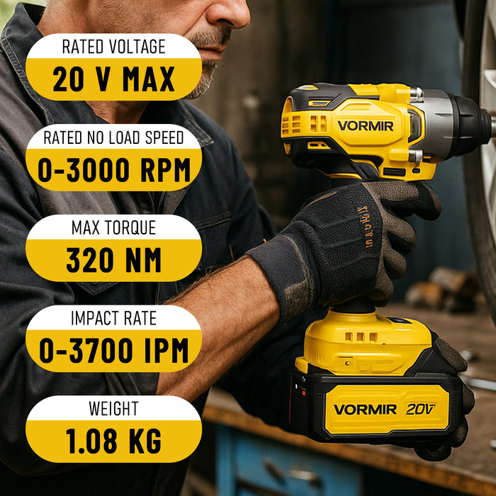 VORMIR VR BW21-32 Brushless Cordless Impact Wrench Kit, 20V MAX, ½", 320Nm Torque, 1800–3000 RPM, 2250–3700 IPM, 2.0Ah Battery, Charger, LED Light & BMC Box